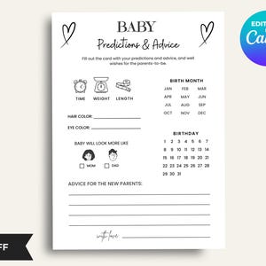 Baby Shower Predictions and Advice Card Printable | Minimalist New baby predictions | Predictions for baby Card | Canva Edit Template