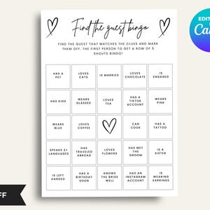 Könnte beinhalten: Eine weiße Find the Guest Bingo-Spielkarte mit schwarzem Text und Herzillustrationen. Das Raster enthält fünfundzwanzig Felder mit verschiedenen Hinweisen wie Has a Pet, Is Married und Loves Chocolate. Ein Herzsymbol ersetzt ein Feld.