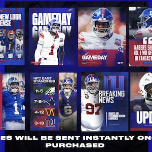 May include: A collection of digital art featuring the New York Giants football team. The images include player portraits, game day graphics, team updates, and standings information. The color scheme is primarily blue, red, and white.