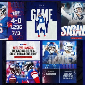 Peut inclure: Un collage numérique montrant le joueur de football américain Jaxson Dart en uniforme bleu et blanc. Les graphiques incluent du texte comme GAME DAY, SIGNED, des citations sur le joueur, ainsi que des statistiques et un résumé d'échange.