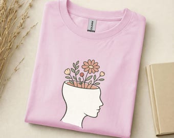 Minimalistisches Blumen Shirt, Achtsamkeit & Mental Health Design, Ästhetisches Line Art T-Shirt Damen, Self Care Geschenk Idee