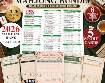 Rastreador de manos de Mahjong 2026 imprimible, tarjeta de puntuación de Mahjong americano, marcador de Mah Jongg, descarga del PDF para noche de juegos