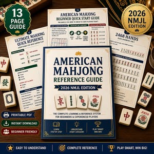 May include: A 13-page American Mahjong reference guide for the 2026 NMJL edition. The set includes a quick start guide, reference sheets, and printed Mahjong tiles with red and green characters, dots, and a flower-patterned Joker tile on the cover.