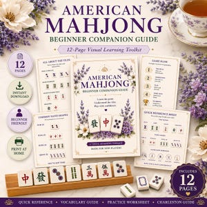May include: A 12-page American Mahjong beginner companion guide featuring a visual learning toolkit. The set includes printed sheets with tile explanations, game flow, and hand shapes, alongside a wooden tile rack and several Mahjong tiles.