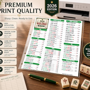 Puede incluir: Una tarjeta de puntuaci&oacute;n y seguimiento de manos de Mahjong 2026 impresa en papel blanco con encabezados verdes y texto negro, con columnas para secuencias, vientos, dragones y combinaciones, en una funda protectora transparente.
