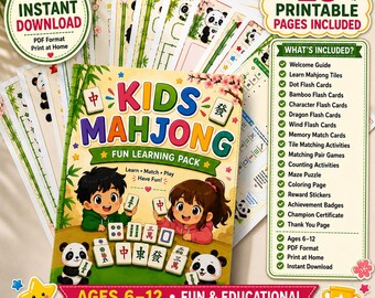 Paquete de aprendizaje de Mahjong para niños / Libro de actividades de Mahjong imprimible para niños / Tarjetas de memoria, tarjetas didácticas, hojas de trabajo / PDF educativo
