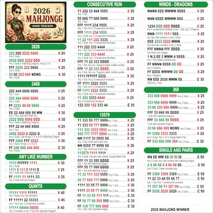 May include: A 2026 Mahjongg hand tracker score card featuring a grid of game combinations, point values, and rules. The document includes sections for 2026, 2468, Any Like Number, Quints, Consecutive Run, 13579, Winds-Dragons, 369, and Single and Pairs.