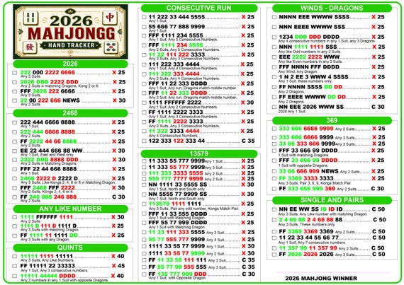 2026 Mahjong Hand Tracker, American Mahjong Printable, Mah Jongg, Mahjong scorecard, Mahjong tiles, Mahjong Game Night, PDF Download