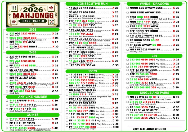 Puede incluir: Una tarjeta de seguimiento de manos de Mahjong 2026 con fondo blanco y bordes y encabezados verdes. La tarjeta enumera varias combinaciones de puntuaci&oacute;n en texto negro, rojo y verde, incluyendo secciones para 2026, 2468, quints y carreras consecutivas.