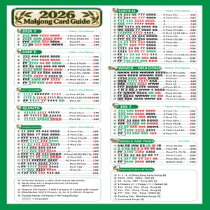 Op de afbeelding: Een 2026 Mahjong-kaartgids met een witte achtergrond en groene randen. Het document bevat diverse spelpatronen, pivot-opties en puntwaarden in zwarte, rode en groene tekst, georganiseerd in categorieën zoals 2026 Y, 2468 E en Winds-Dragons.