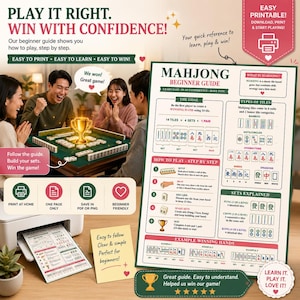 Könnte beinhalten: Ein farbenfrohes Bild, das einen Mahjong-Anfängerleitfaden bewirbt. Das Bild zeigt eine Gruppe von Leuten, die Mahjong spielen, eine gedruckte Anleitung und einen Drucker. Der Leitfaden enthält Anweisungen, Kacheltypen und Beispiele für gewinnende Hände. Der Text lautet: "Spielen Sie richtig. Gewinnen Sie mit Zuversicht!"