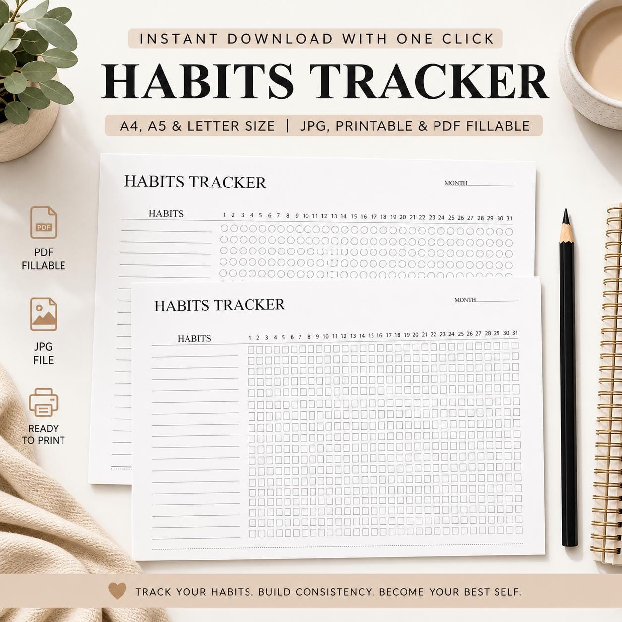 Monthly Habit Tracker Printable PDF, Daily Routine Tracker, 30 Day ...