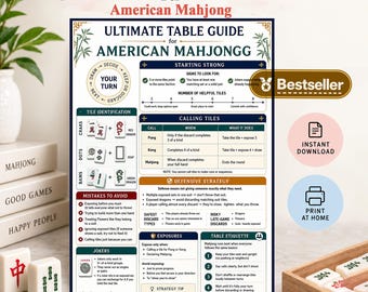 Guía de mesa de Mahjong americano / Guía de juego de Mahjong para principiantes / Hoja de trucos para anunciar y exponer / PDF imprimible