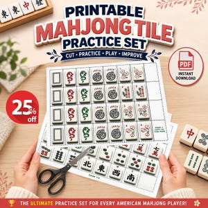 Peut inclure: Un ensemble d'entraînement de tuiles de Mahjong imprimable sur papier blanc, présentant des rangées de tuiles illustrées avec des motifs de dragon, de joker et de fleurs. La feuille inclut des étiquettes et des lignes de coupe. Des ciseaux noirs sont posés.