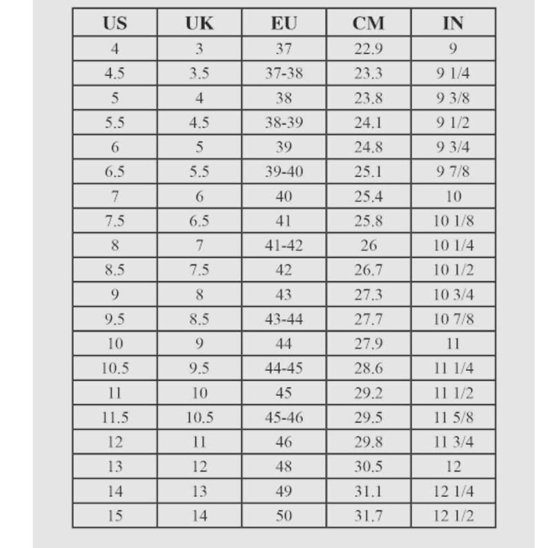 Puede incluir: Una tabla de conversi&oacute;n de tallas de zapatos con columnas para tallas US, UK, EU, CM e IN. La tabla proporciona las tallas correspondientes, como la talla US 7 equivale a la talla EU 40, 25,4 cm y 10 pulgadas.