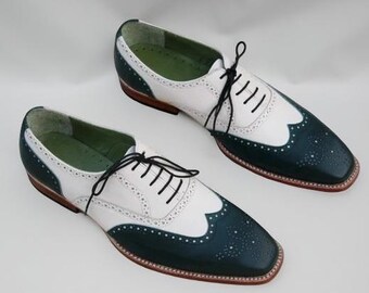Scarpe da uomo in vera pelle fatte a mano, stile Oxford con lacci, brogue bicolore e punta a coda di rondine