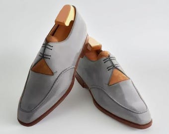 Scarpe da uomo fatte a mano in pelle grigia con lacci, scarpe eleganti da uomo grigie