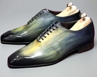 Scarpe eleganti Oxford da uomo fatte a mano in pelle di vacchetta verde