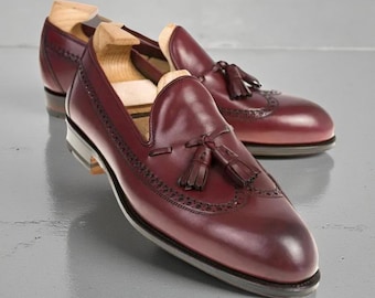 Mocassini Bentley bordeaux con nappe fatti a mano da uomo