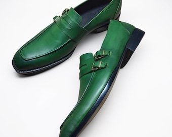 Scarpe eleganti da uomo, fatte a mano, in pelle color verde, con doppia fibbia, nuove