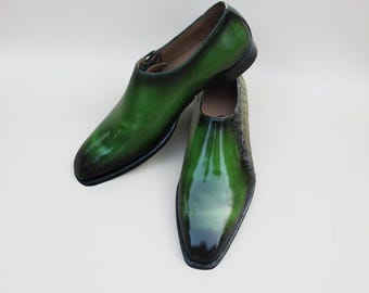 Scarpe eleganti in pelle verde fatte a mano, scarpe Oxford con lacci e punta a punta da uomo