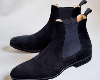 Stivaletti Chelsea in pelle scamosciata nera fatti a mano, stivaletti eleganti da uomo