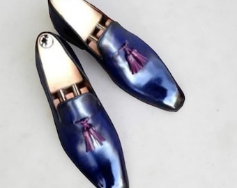 Nuove scarpe da uomo in vera pelle blu patinate fatte a mano con nappe, mocassini slip-on