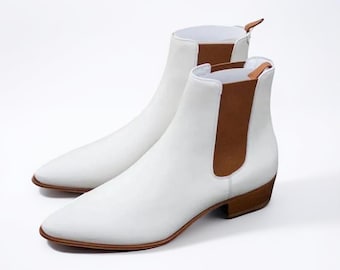 Botas Chelsea altas hasta el tobillo de piel pura color blanco para hombre hechas a mano