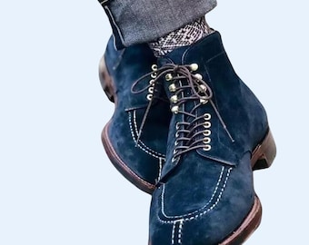 Botas altas de vestir con cordones de piel de ante azul hechas a mano para hombre