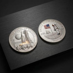Puede incluir: Dos monedas de plata con diseños detallados. Una moneda representa un cohete despegando, el texto "WE CAME IN PEACE FOR ALL MANKIND" y el año 2026. La otra moneda muestra un astronauta plantando una bandera en la luna, con el texto "IN GOD WE TRUST".