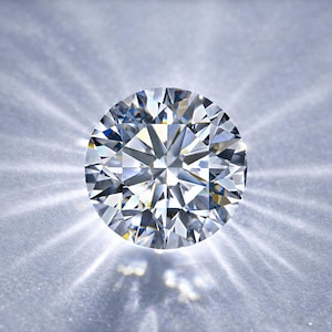 Op de afbeelding: Een rondgeslepen diamant met talloze facetten, die het licht in een sterpatroon reflecteren. De heldere edelsteen schittert tegen een zachte, lichtblauwe achtergrond en toont zijn schittering en helderheid. Een symbool van luxe en elegantie.