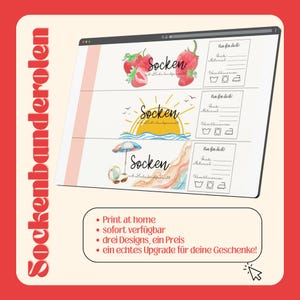 Puede incluir: Un diseño digital para bandas de calcetines, con tres diseños diferentes: fresas, una puesta de sol y una escena de playa. Los diseños se muestran en una pantalla de ordenador, con texto en alemán e instrucciones de lavado.
