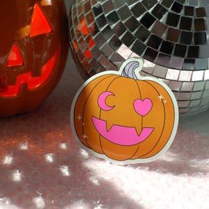 Moon and Heart Jack-O-Lantern UV Fluorescent Pink Halloween Pumpkin Vinyl Sticker image 2