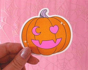 Moon and Heart Jack-O-Lantern UV Fluorescent Pink Halloween Pumpkin Vinyl Sticker