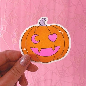 Moon and Heart Jack-O-Lantern UV Fluorescent Pink Halloween Pumpkin Vinyl Sticker image 1