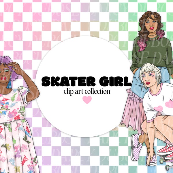 SKATER GIRL fashion figures // skateboard spring summer snacks grunge hand drawn digital clip art planner stickers fashion