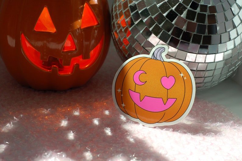 Moon and Heart Jack-O-Lantern UV Fluorescent Pink Halloween Pumpkin Vinyl Sticker image 2