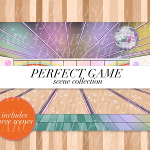 May include: A digital illustration of a retro bowling alley with a disco ball hanging from the ceiling. The text "PERFECT GAME scene collection" is displayed above the bowling lanes. The text "includes three scenes" is displayed in a circle in the lower left corner of the image.