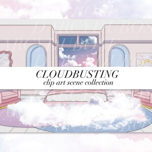 May include: A digital illustration of a room scene with a bed, two armchairs, and a large window with a cloudy sky view. The text "CLOUDBUSTING clip art scene collection" is displayed below the room.