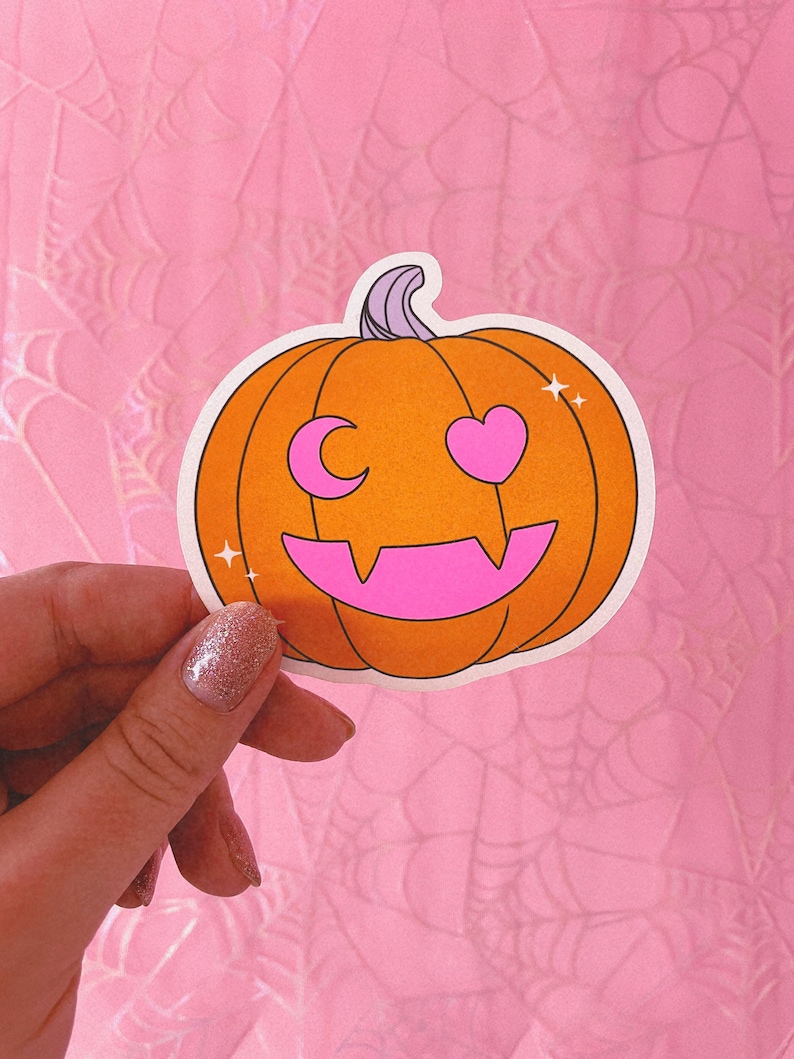 Moon and Heart Jack-O-Lantern UV Fluorescent Pink Halloween Pumpkin Vinyl Sticker image 1