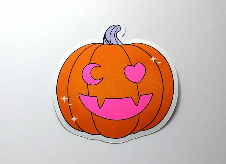 Moon and Heart Jack-O-Lantern UV Fluorescent Pink Halloween Pumpkin Vinyl Sticker image 3