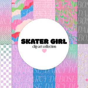 May include: A digital collage of 10 different patterns in pink, blue, and green. The patterns include a checkered pattern, a striped pattern, a polka dot pattern, a brick pattern, and a cloud pattern. The text "SKATER GIRL" and "clip art collection" is in the center of the image.
