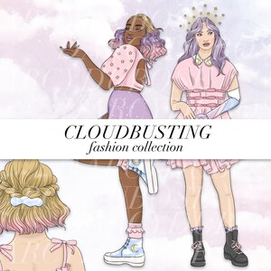 May include: Three illustrations of women wearing pastel pink and purple outfits with star and moon details. The women are standing on a background of clouds and stars. The text "CLOUDBUSTING fashion collection" is at the top of the image.