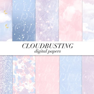 May include: A set of 10 digital papers featuring a pastel color palette with clouds, stars, and glitter. The papers are perfect for scrapbooking, card making, and other craft projects.
