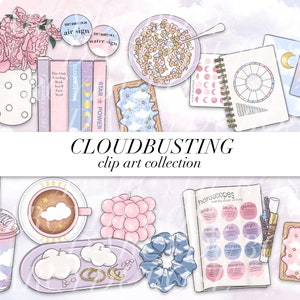 May include: A digital clip art collection with a pastel color scheme featuring illustrations of clouds, stars, coffee, a zodiac wheel, and a book titled "The Astrology Book You'll Ever Need".