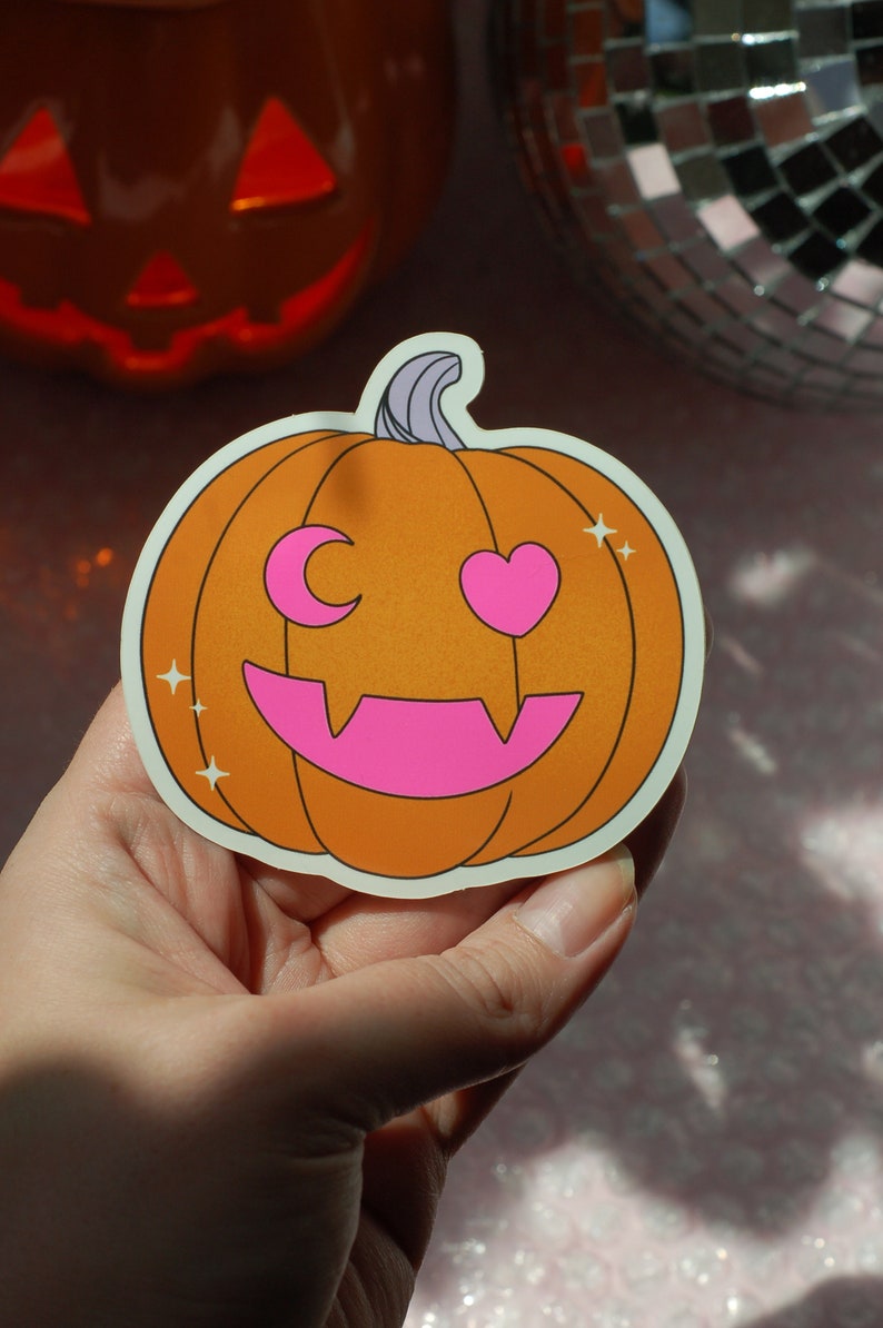 Moon and Heart Jack-O-Lantern UV Fluorescent Pink Halloween Pumpkin Vinyl Sticker image 4