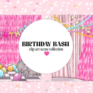 CUMPLEAÑOS BASH escenas // rosa arco iris discoteca celebración de cumpleaños fiesta dibujada a mano digital clip art planificador pegatinas moda arco iris tema
