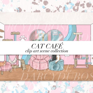 May include: A pink and blue cat cafe scene with a pink armchair, a blue cat bed, a cat scratching post, and a cat lounging on a pink bed. The cafe has a wooden floor and a pink wall with a paw print on it. The text "CAT CAFÉ" and "clip art scene collection" is written in black on a white banner.