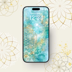 May include: A smartphone displays a teal and gold abstract design with the text "Tuesday, March 3, 12:34". The background features a celestial pattern with gold accents and a geometric shape. The phone is set against a cream-colored backdrop with gold mandala designs.