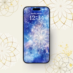 May include: A smartphone displays a celestial-themed wallpaper with a blue and white mandala design. The screen shows the date and time: Tuesday, March 3, 12:34. The phone is set against a cream background with gold geometric patterns.